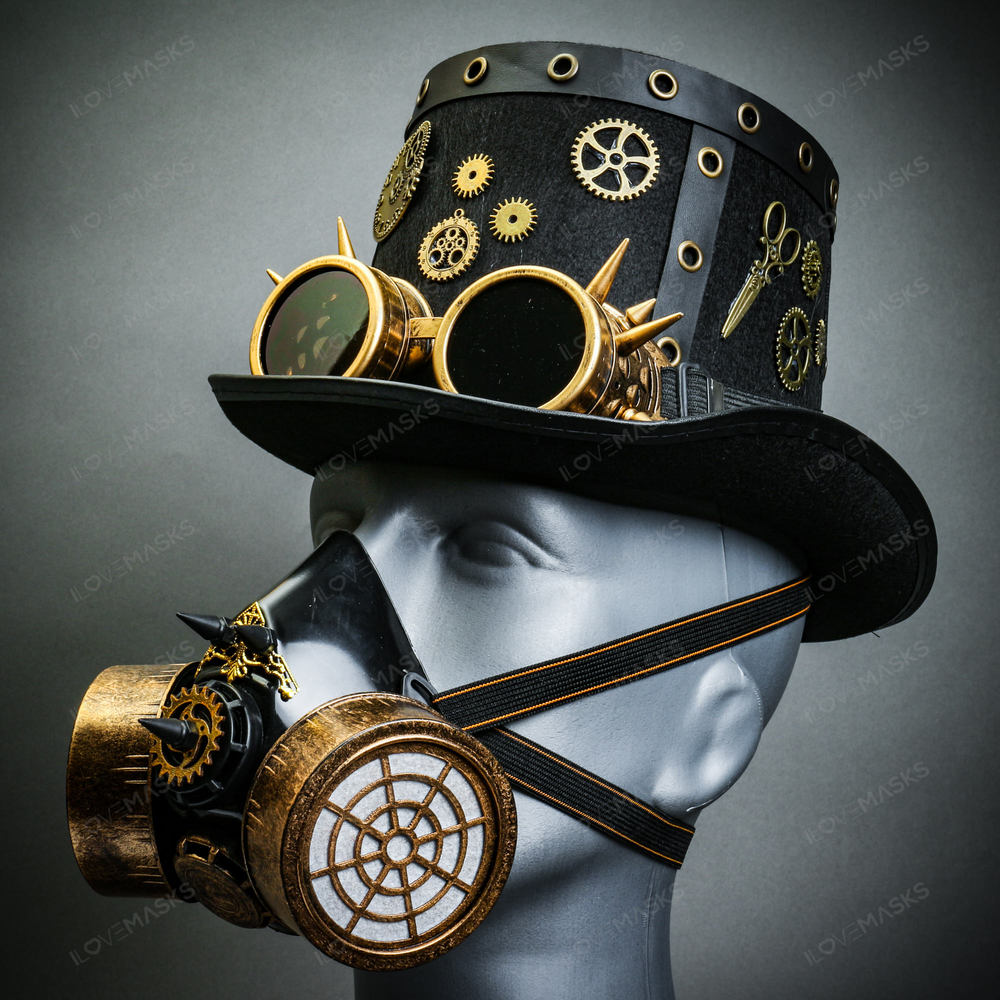 Black Steampunk Spike Goggle Top Hat w/ Gold Gas Mask Halloween Party Costume